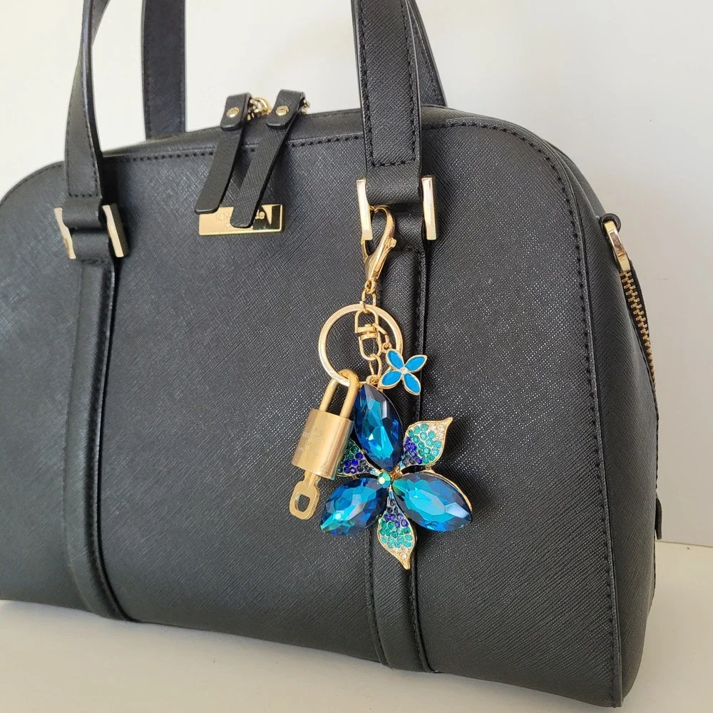 Louis Vuitton Padlock Key Blue Crystal Flower Bag Charm Keychain Gold Tone Gift